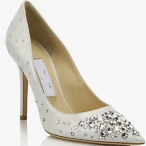 White Rhinestone Suede Point Toe Pumps