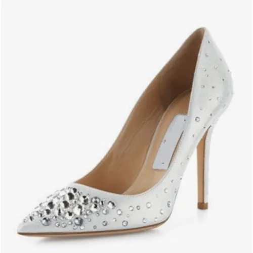 White Rhinestone Suede Point Toe Pumps