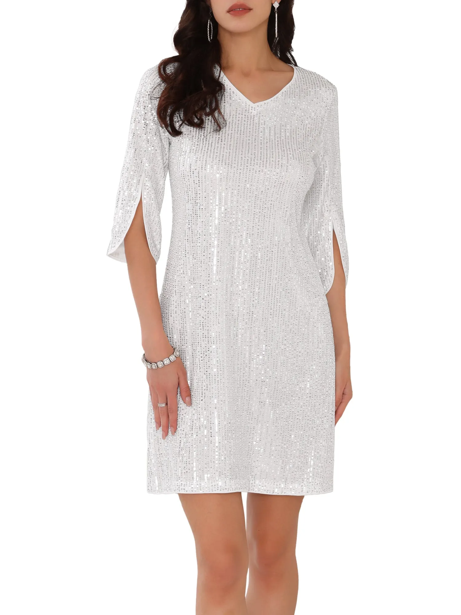 Women's Sequin Dress Glitter Split Sleeves V Neck Party Cocktail Mini Dresses